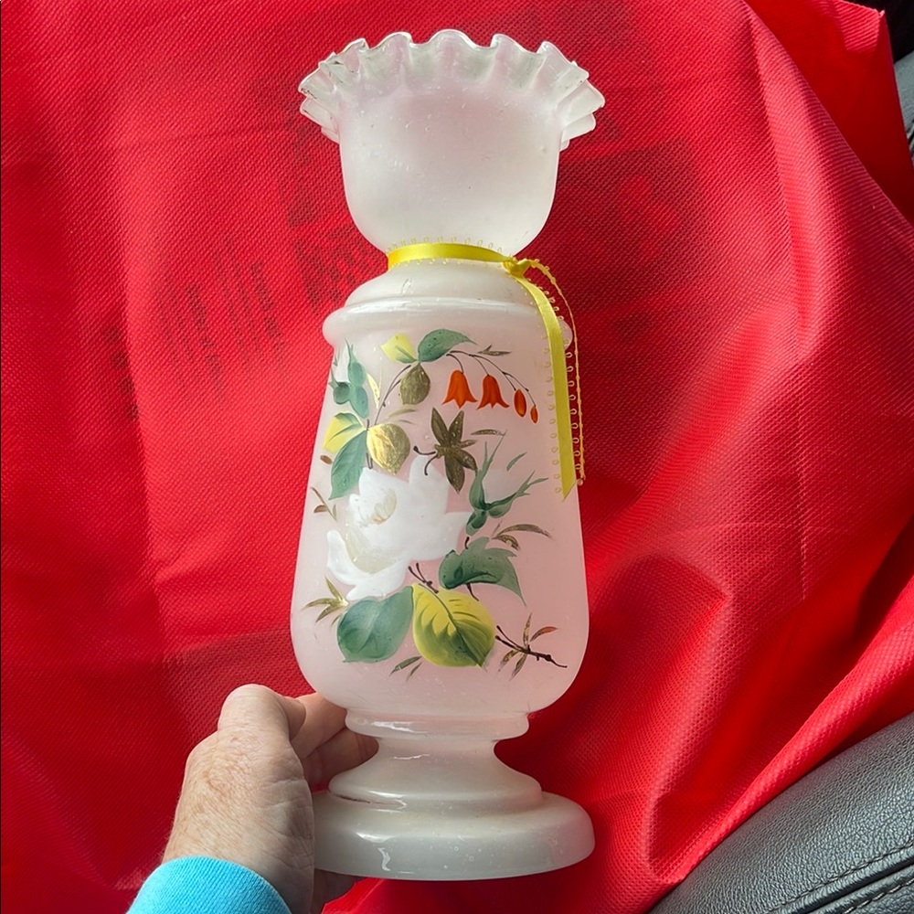 Antique Frosted White Bristol Glass Vase, Ruffled Top, Ca.1900 Hand Painted